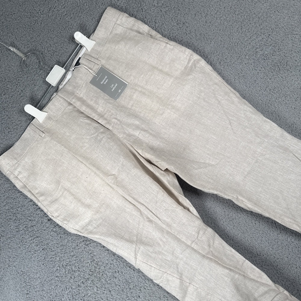 H&M Linen Pants Mens 46x30 Slim Fit Cropped Tan Summer Trousers Beach Resort